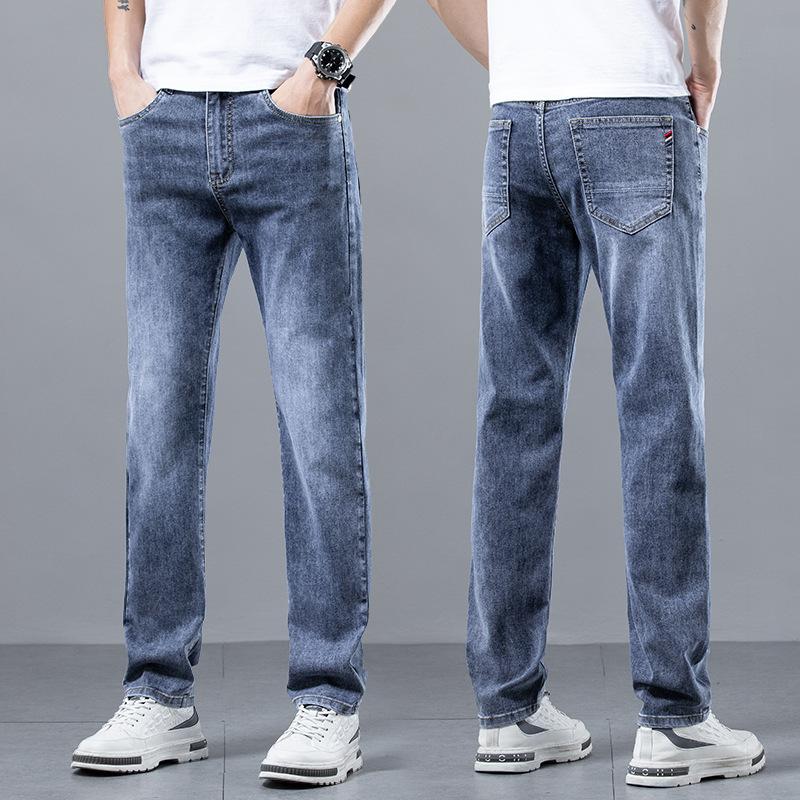 Summer Thin Washed Light Colored Jeans For Men With Stretch, Slim Fit, Straight Leg, Casual, Versatile, Slimming And Long Pants