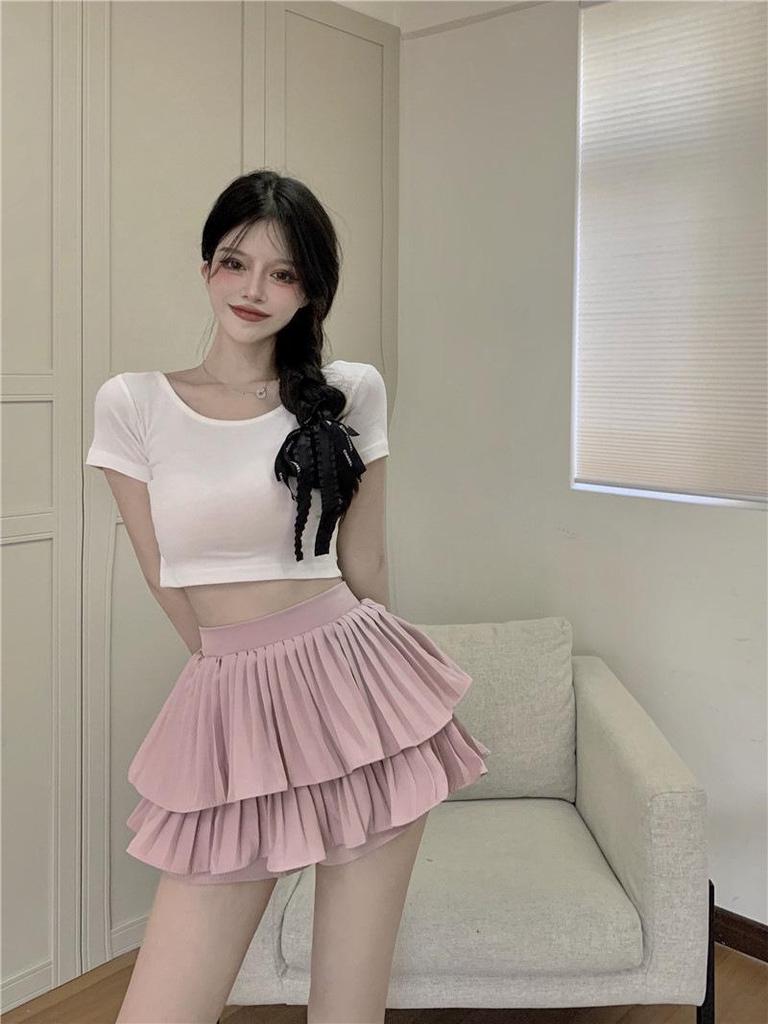 Women's Vintage Pleated Double Layer Mini Skirt - White, Slimming, Sweet, Fluffy Summer Skirt