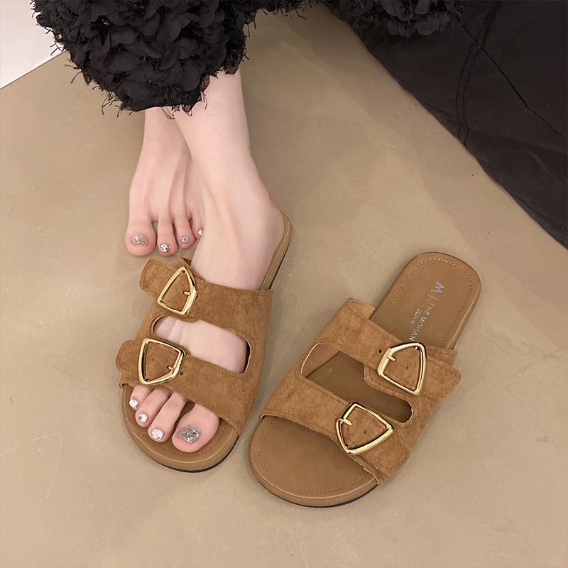 Internet celebrity flat bottom one-word shoes women's summer new flat heel soft sole casual outer wear buckle lazy versatile cool slippers