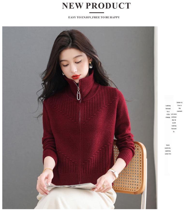 Damen Schlankmachende Mode Revers Reißverschluss Strickjacke Jacke, Kurzer Langarm Pullover Mantel für Herbst/Winter 2025