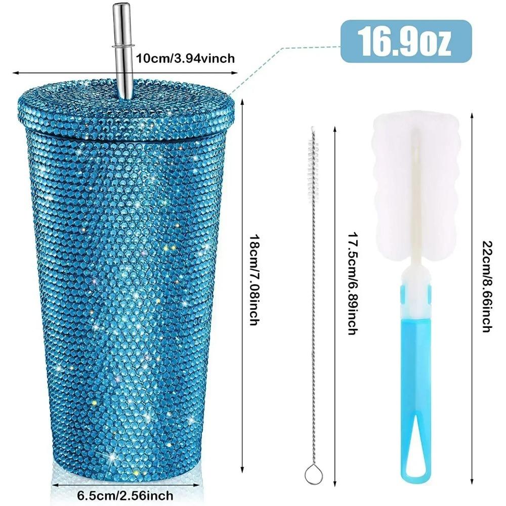 750ml Reusable Straw Cup Double Layer Thermos Cups Women Glitter Cup Water Bottle Gift With Lid Rhinestone Stainless Steel