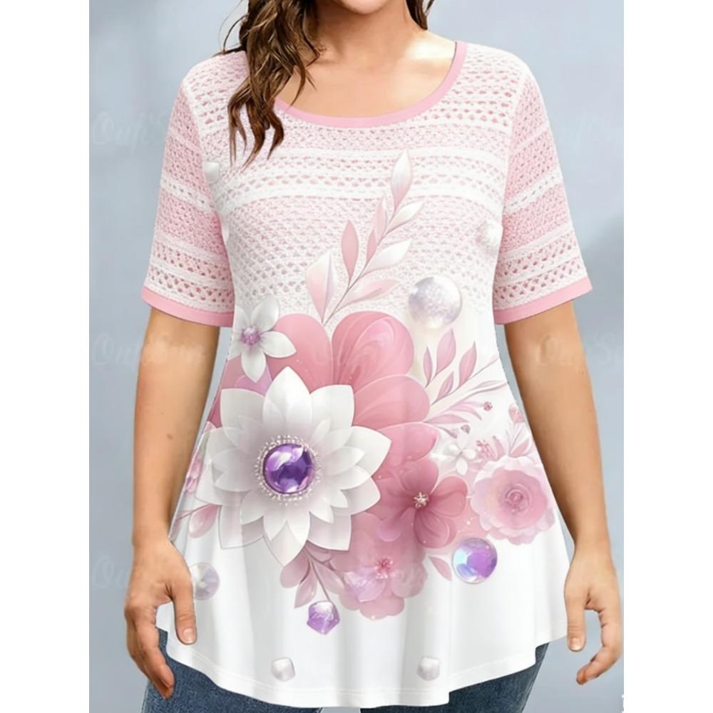 Ladies Summer Colorful Flower Butterfly Printed Large Loose Casual T-shirt Fashionable Comfortable Soft Breathable Short Sleeved T-shirt