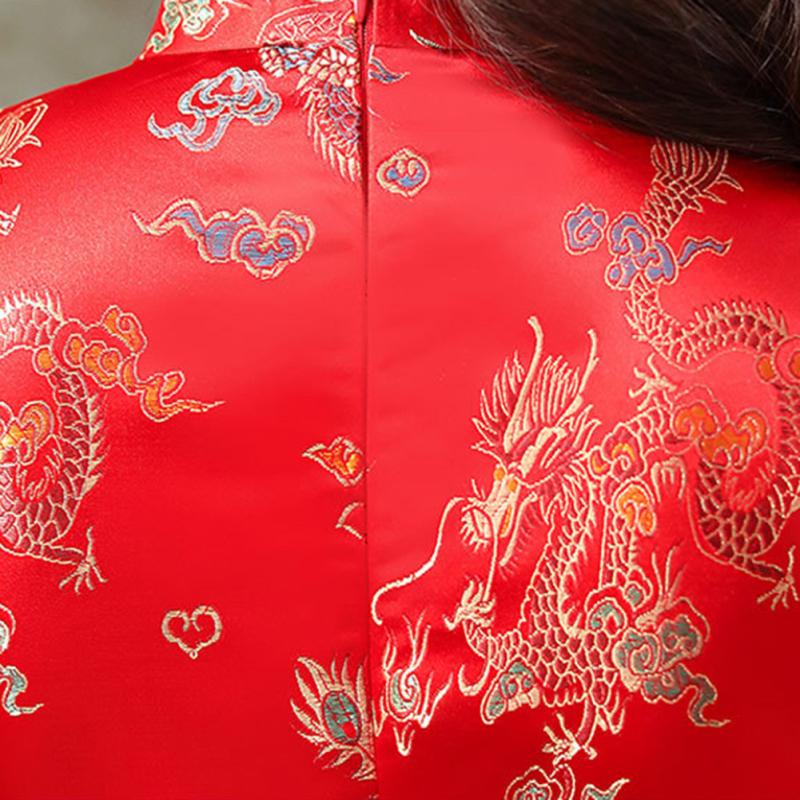 Women Short-sleeved Cheongsam  Dress Elegant High Split Hem Stand-up Collar Retro Chinese Style