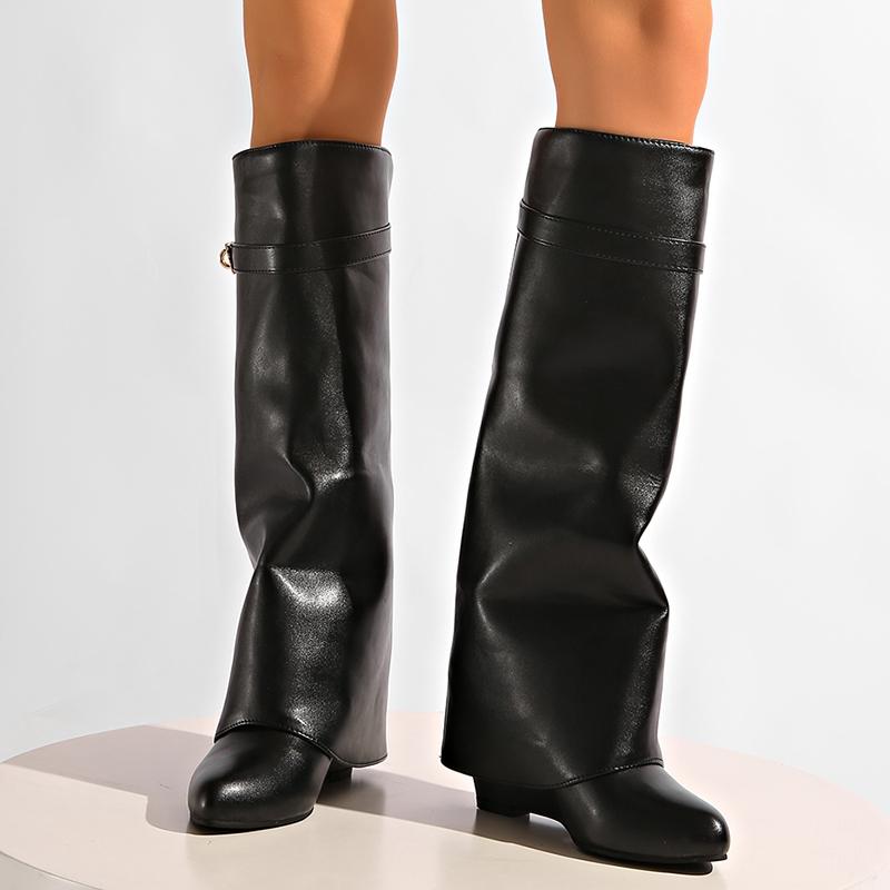 Fashion Metal Decor Wedge Heel Knee High Boots Women Autumn Winter 2025 Fashion Shark Boots Woman Wide Calf PU Leather Long Botas Mujer
