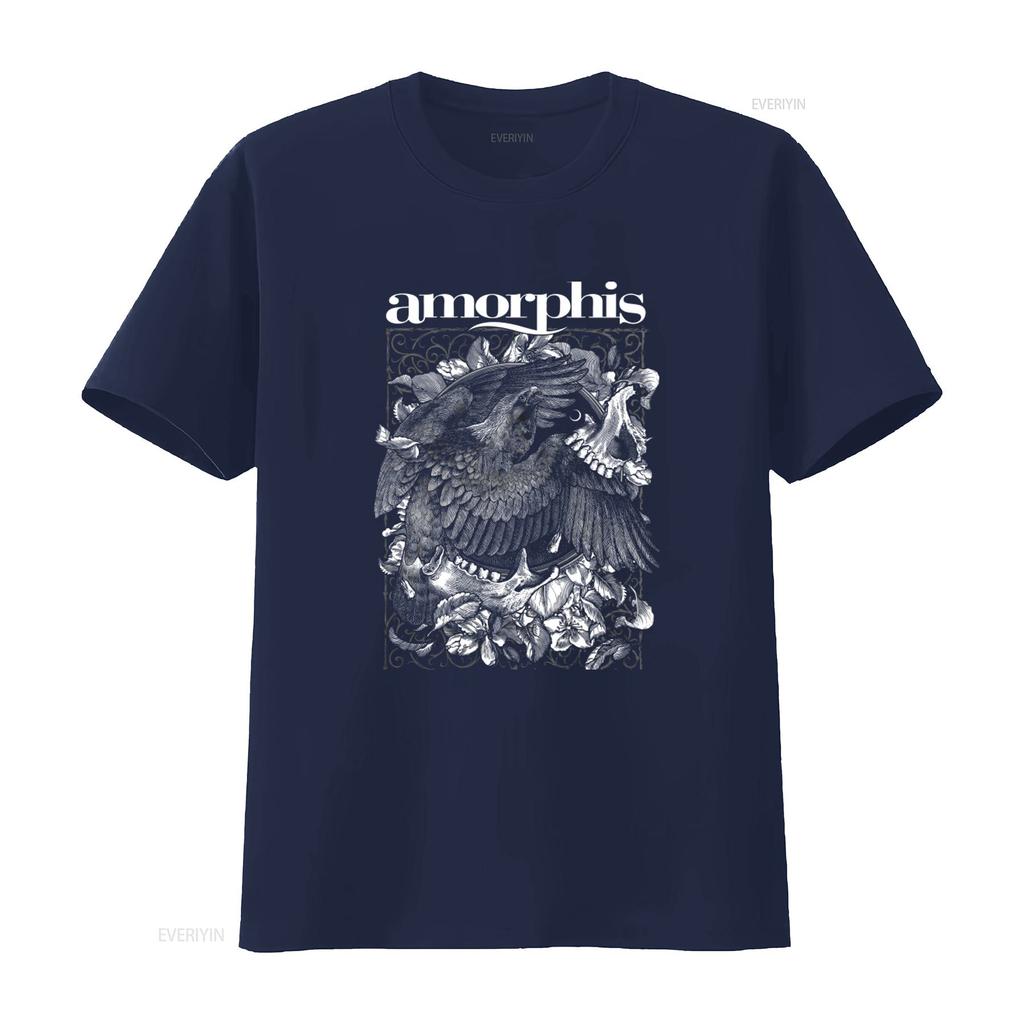 Amorphis Circle Schwarzes T-Shirt mit kunstvollem Adler- und Blumenmuster Perfekt für Metal-Fans vintage gewaschen Lässig Vielseitig