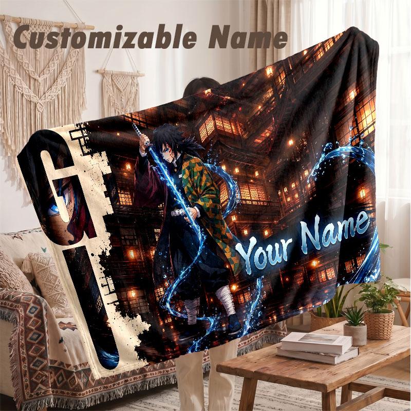 Custom Name Flannel Blanket,Demon Slayer Lightweight Warm Bed Blanket For Couch & Holiday Gift