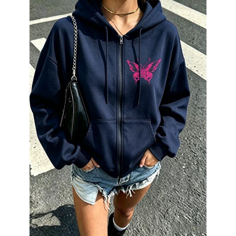 Women Zip Up Hoodie Butterfly Long Sleeve Drawstring Hooded Sweatshirt Loose Streetwear Ladies Fall Winter Warm Outerwear Jacket