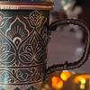 Pattern Random Vintage Pure Copper Mug,With lid Beer Cup,Handcrafted Carving Unique Flower Texture Art Gift Coffee Mug Tableware