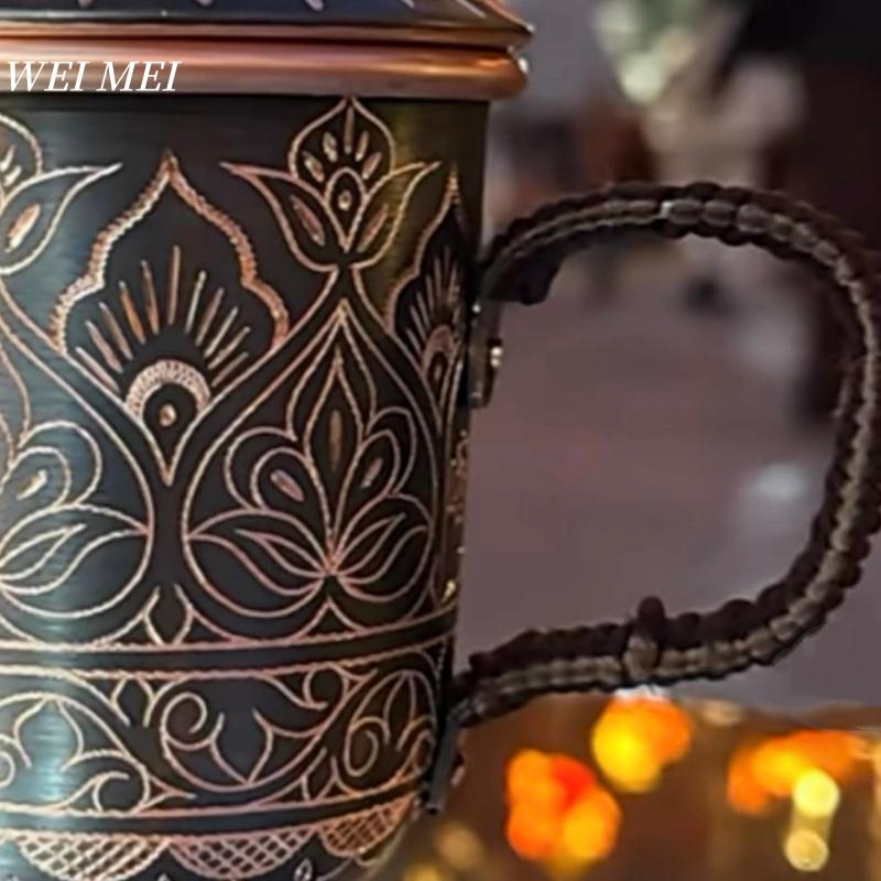 Pattern Random Vintage Pure Copper Mug,With lid Beer Cup,Handcrafted Carving Unique Flower Texture Art Gift Coffee Mug Tableware