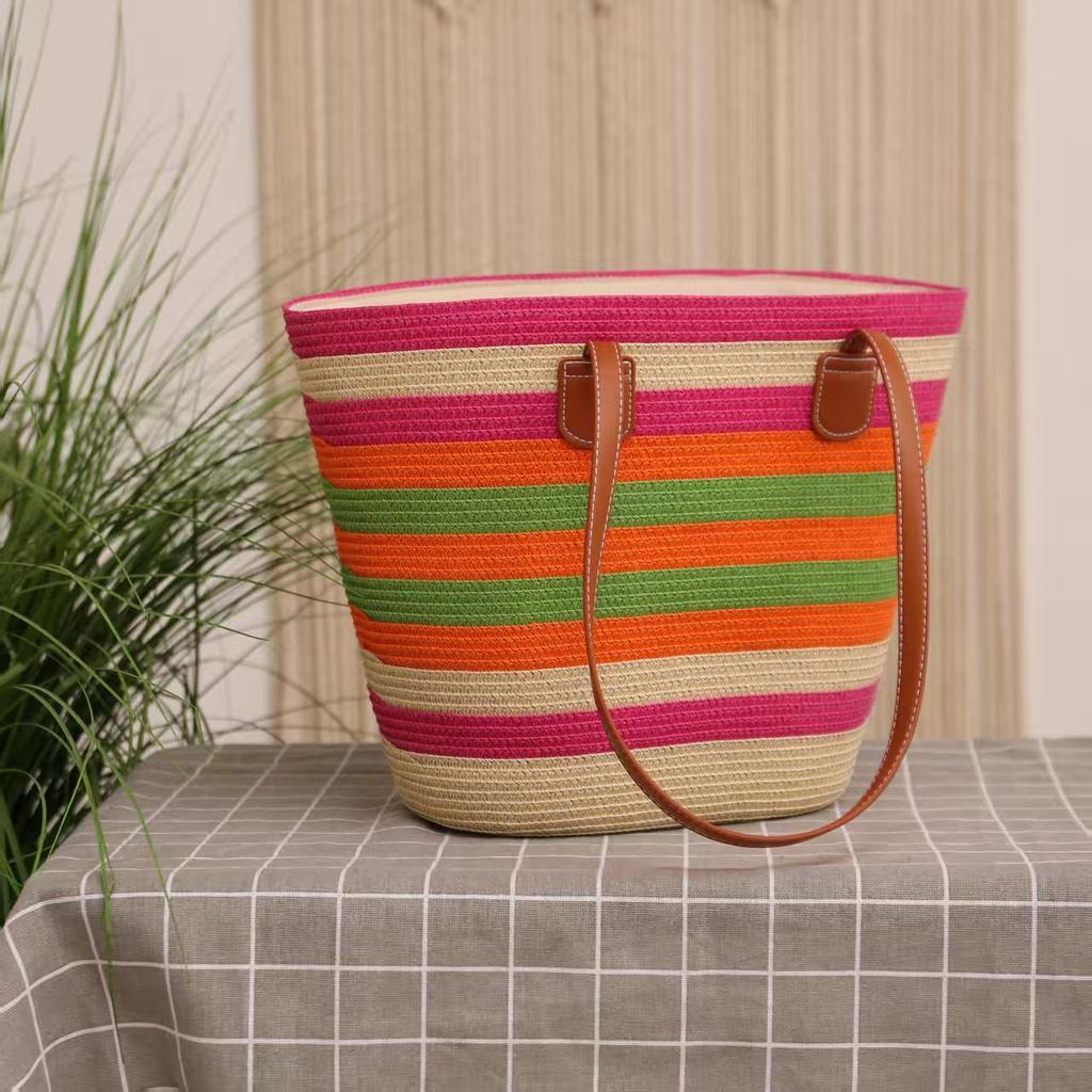 French Striped Straw Tote Bag - Large Capacity for Travel, Vacation, Beach, and Casual Commutes
