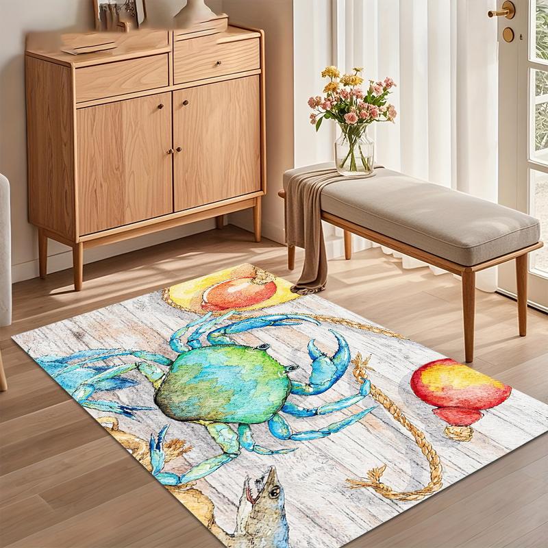 White Blue Crab Watercolor Area Rug for Living Room Bedroom Coastal Nautical Beach Home Decor Soft Non Slip Washable Floor Mat