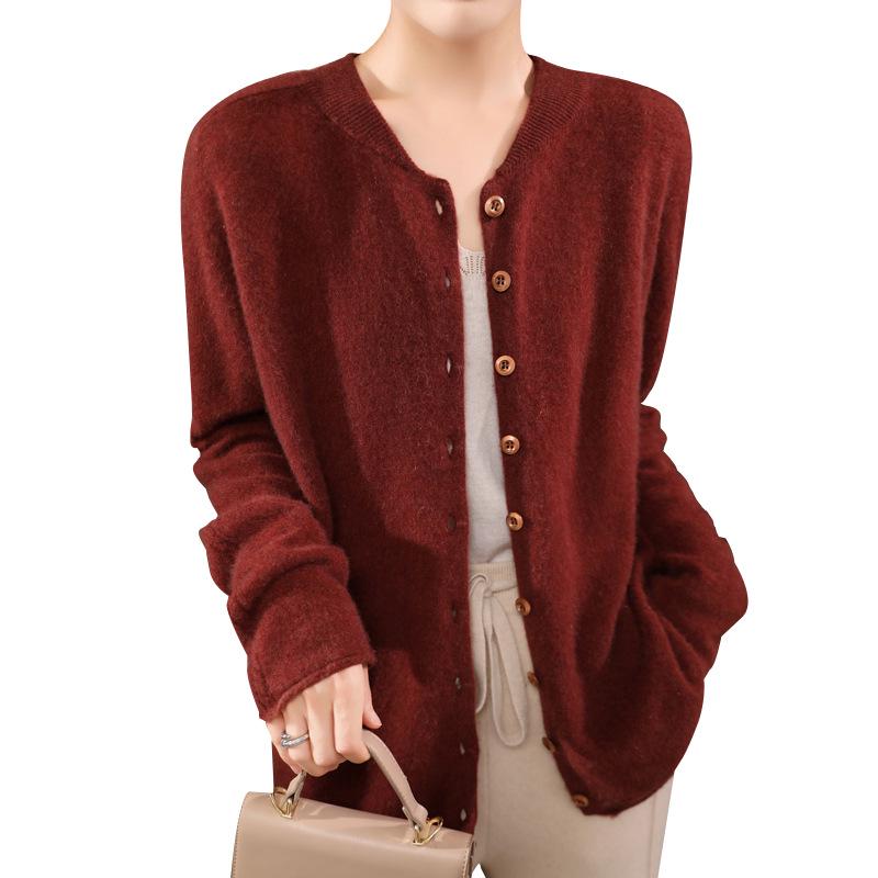 2024 Women's Loose V-Neck Pure Wool Knit Cardigan - Autumn/Winter Plus Size French Style Outerwear