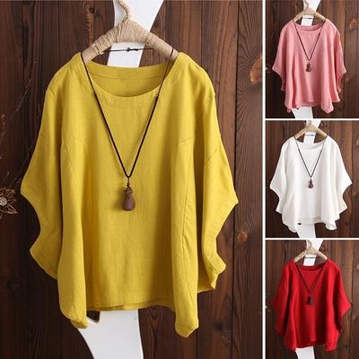 Damen T-Shirt aus Baumwolle und Leinen, Rundhalsausschnitt, kurzärmelig, Sommer-T-Shirt, Top, Bluse