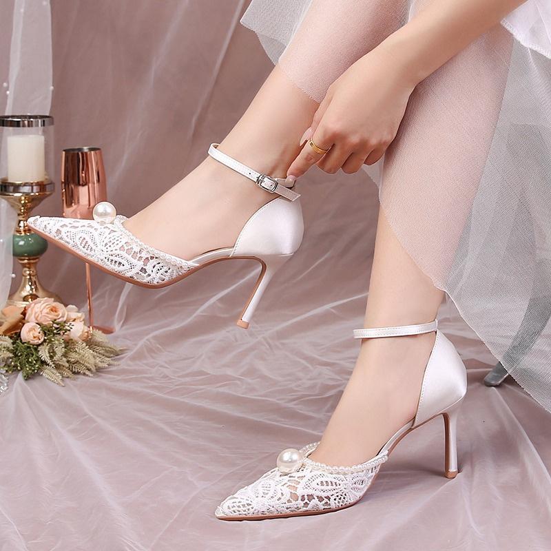White flower lace crystal open toe sandals for women, pointed wedding shoes, fashionable party casual high-heeled sandals