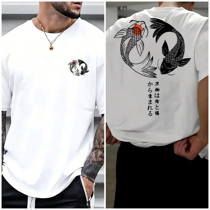Japanese Koi Harajuku Illustration Pattern T-Shirts Men Summer Casual T Shirt Soft Fashion Short Sleeve Loose Cotton Sportswear