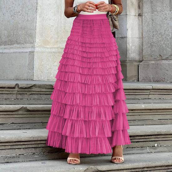 Saia Bolo Feminina Cintura Alta Elástica Linha A Barra com Babados Multicamadas Cor Sólida Saia Longa Trabalho Lazer Uso Diário