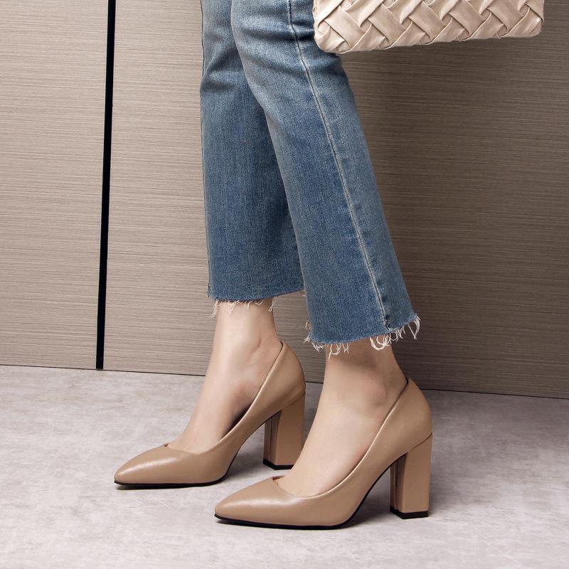 Solid color high heels women's pointed head light mouth single shoes large size temperament thick heel workplace work women's shoes women's fashion