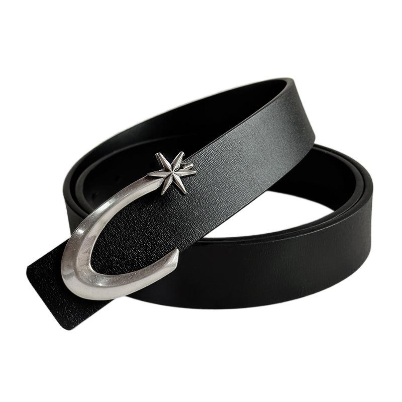 Niche designer men s and women s electroplated silver buckle genuine leather belt trendy punk belt star 105cm