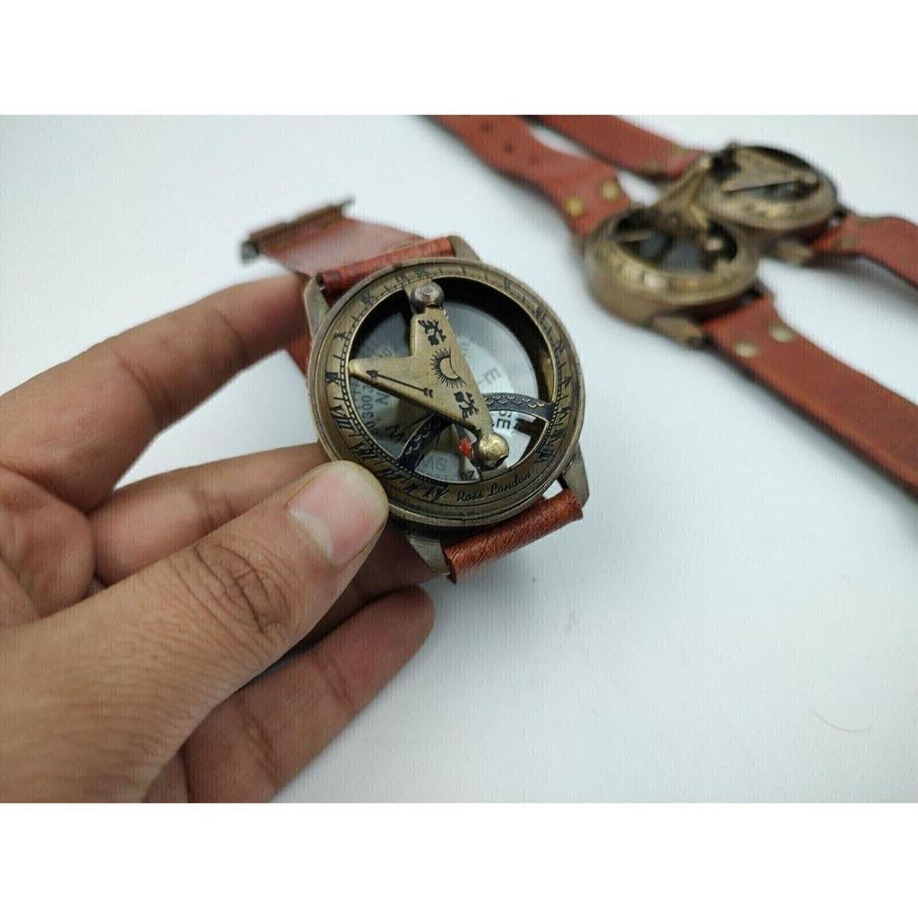 Sundial Compass Wrist Band for Navigational Tool - Real Leather Band Watch - Hiking and Survival Instrument - Antique Compas
