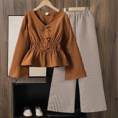 Girls' Casual Set, Autumn Children's Fashion, Flared Sleeves, Bow, Cinched Waist Top, Wide-leg Pants