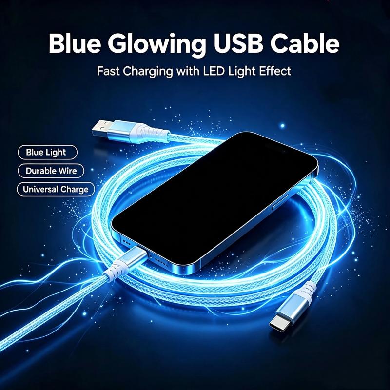 USB Fast Charging Cable LED Flowing Light Effect Waterproof Durable Cord for Car Outdoor Camping Phone Charge