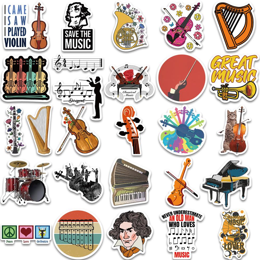52 Musical Instruments Orchestral Graffiti Stickers Decorate Suitcase Pen Guitar Notebook Waterproof Stickers