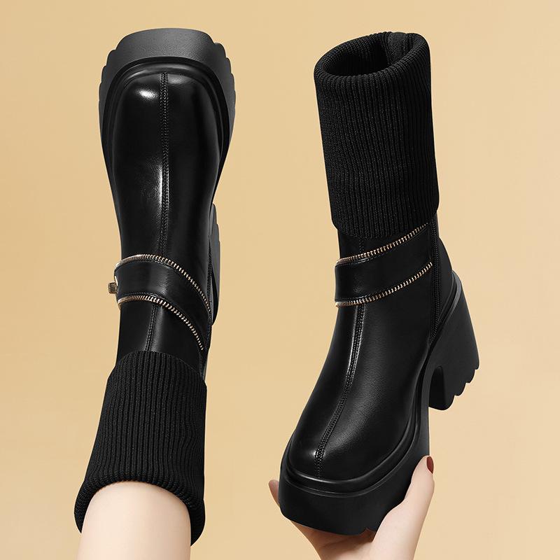 

Coarse heel wool medium tube British Martin boots women s versatile high and thin solid color thick sole single boots women s super high heel 34
