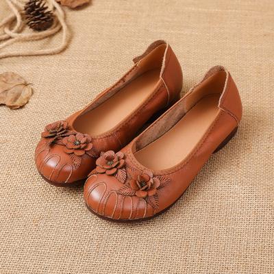 Retro Ethnic Style Genuine Leather Mother Shoes Heel Beef Tendon Sole Comfortable Soft Bottom Layer Cowhide Anti-slip Flower Single Shoes for Women