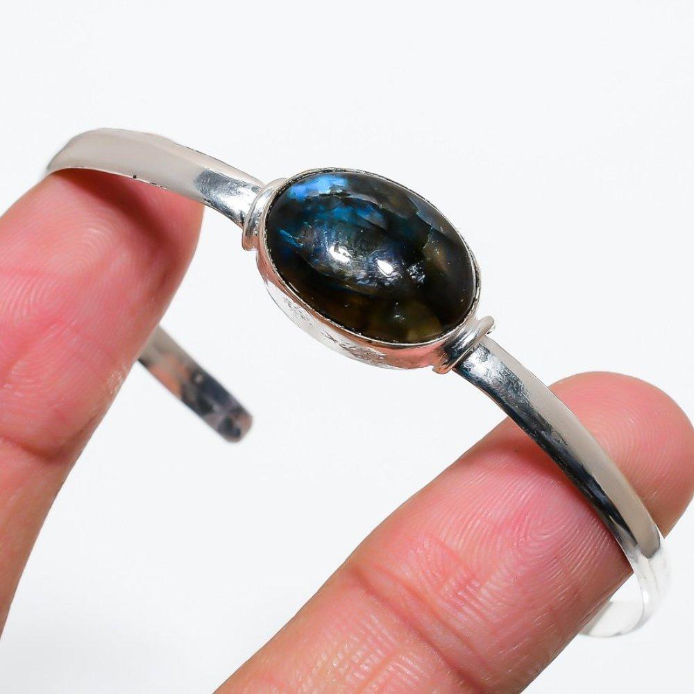 Natural Labradorite Handmade 925 Sterling Silver Cuff Bangle Adjustable H4N49