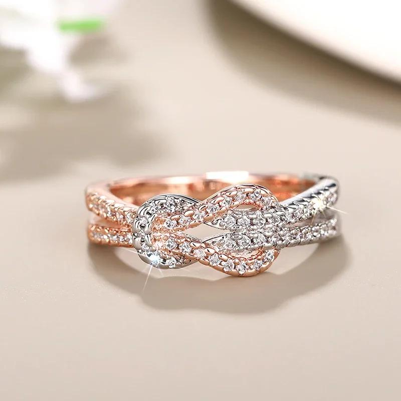Huitan Trendy Knot Rings Luxury Gorgeous Two-tone Finger Accessories for Women Sparkling Cubic Zirconia Eternal Wedding