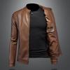 Mens PU Leather Biker Jacket With Stand Collar Slim Fit Casual Outerwear