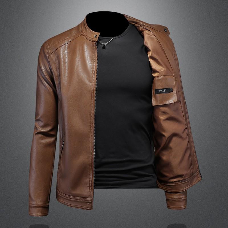 Mens PU Leather Biker Jacket With Stand Collar Slim Fit Casual Outerwear