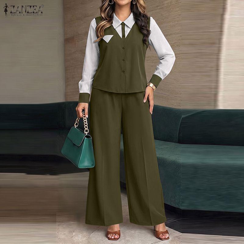 ZANZEA Women Stripe Splice Long Sleeve Blouse And Long Pants Casual Two Piece Suit Sets