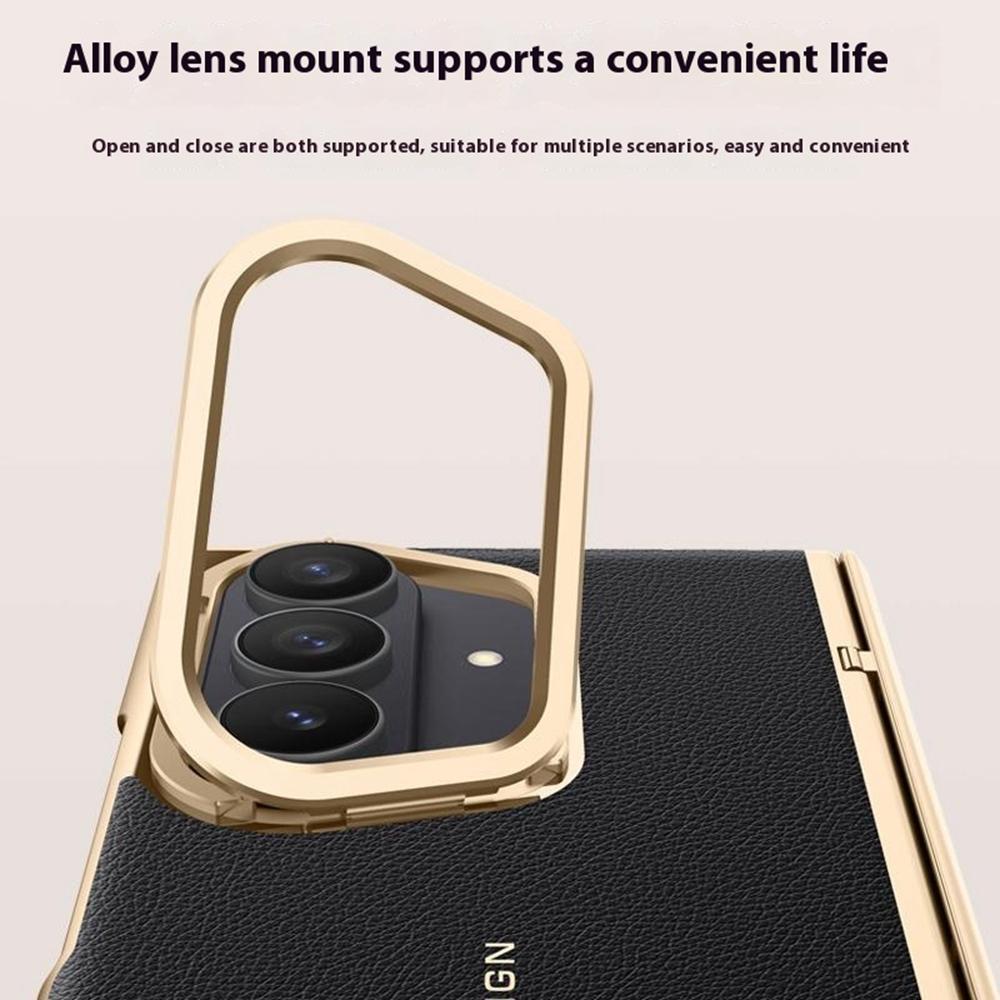 For Samsung Galaxy Z Fold7 5G Case Leather+PC Electroplated Phone Cover with HD Tempered Glass Film,Lens Kickstand