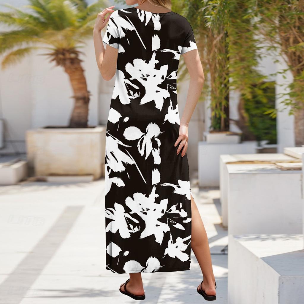 Women Summer Floral Dress Short Sleeve Beach Dress With Pockets Casual V-Neck Split Long T-Shirt Dress Travel Vacation