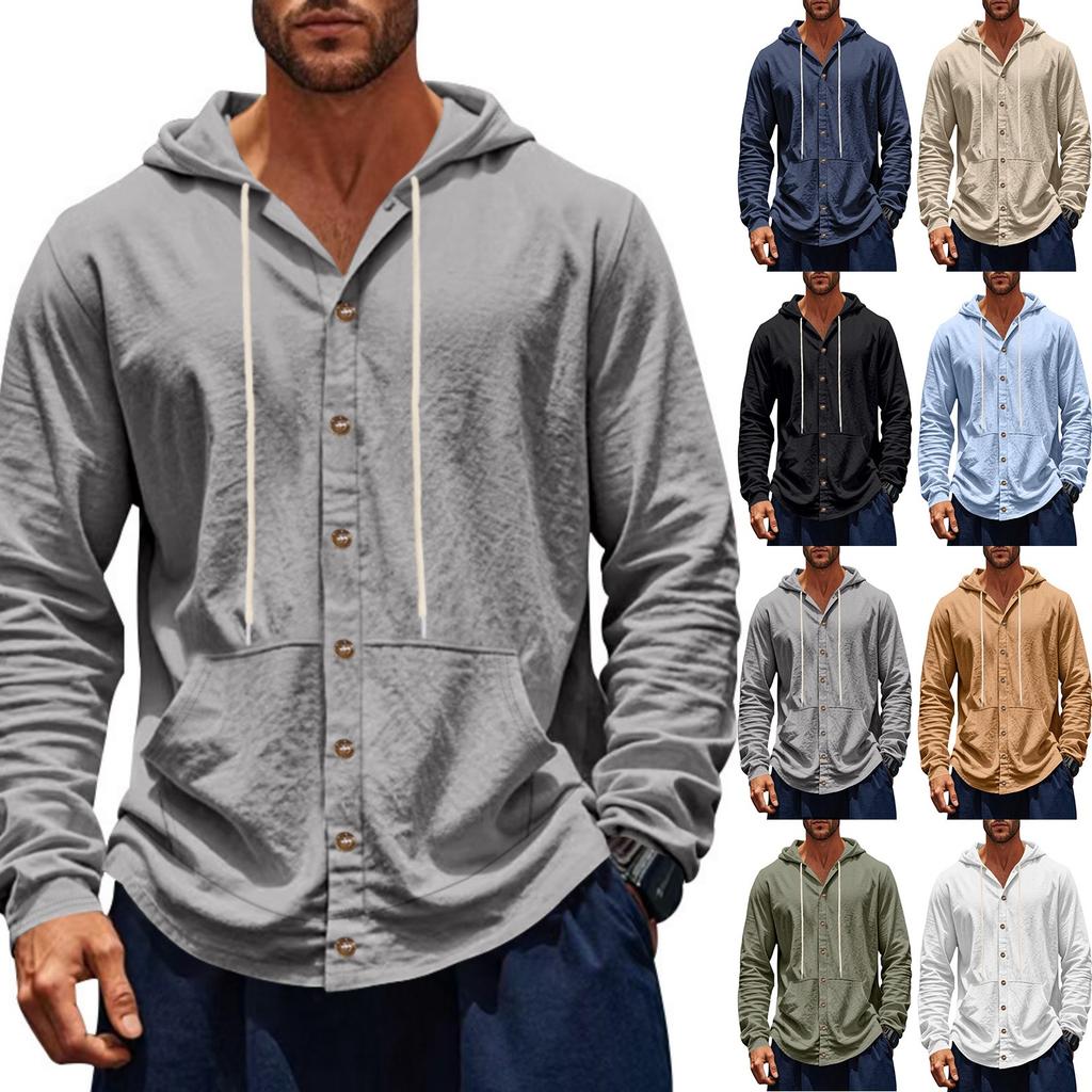 Men's Linen Hooded Shirt, Loose, Casual Breathable And Solid-color Shirt, Sports Beach Fishing Hooded Long-sleeved Shirt