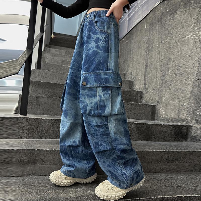 

2025 Spring/Autumn Girls Trendy Loose Cargo Jeans 150 cm синий