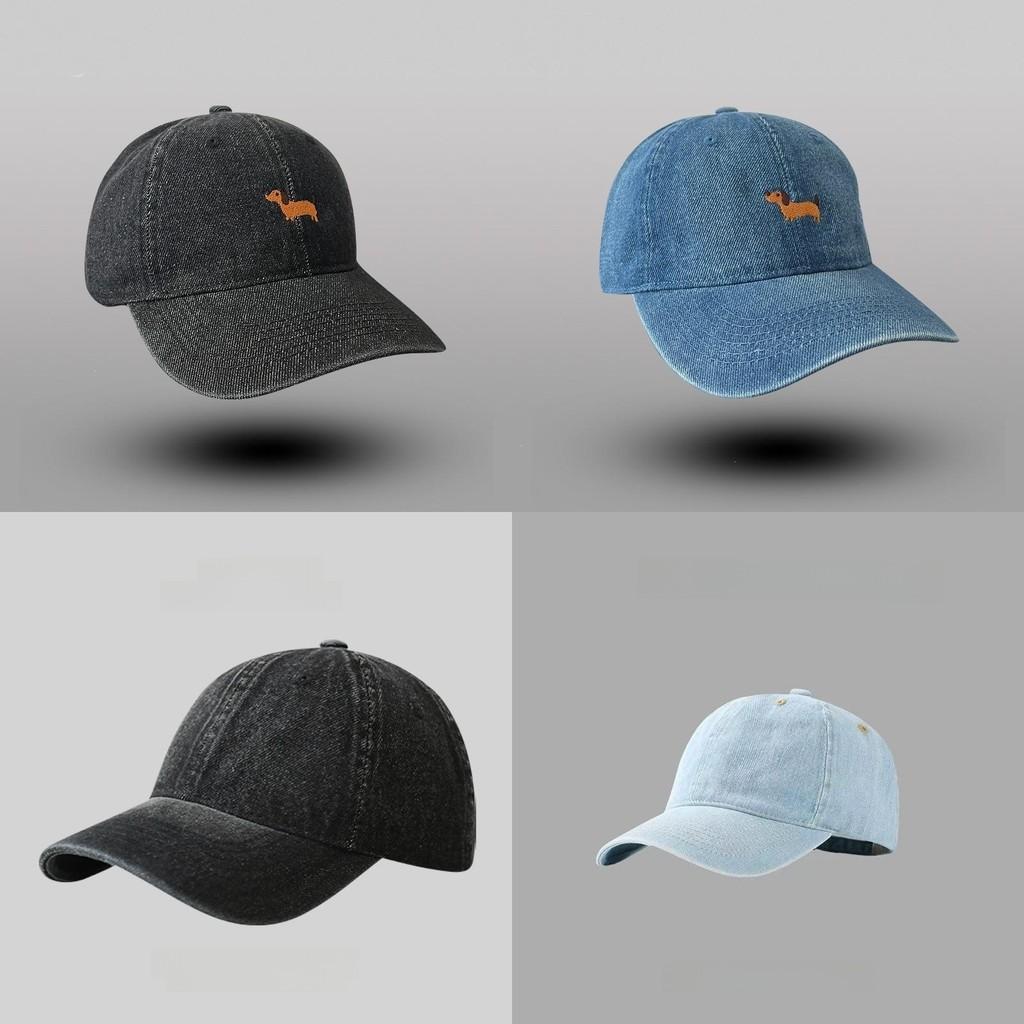 Cute Dog Embroidered Denim Baseball Cap With Wide Brim For Casual Wear