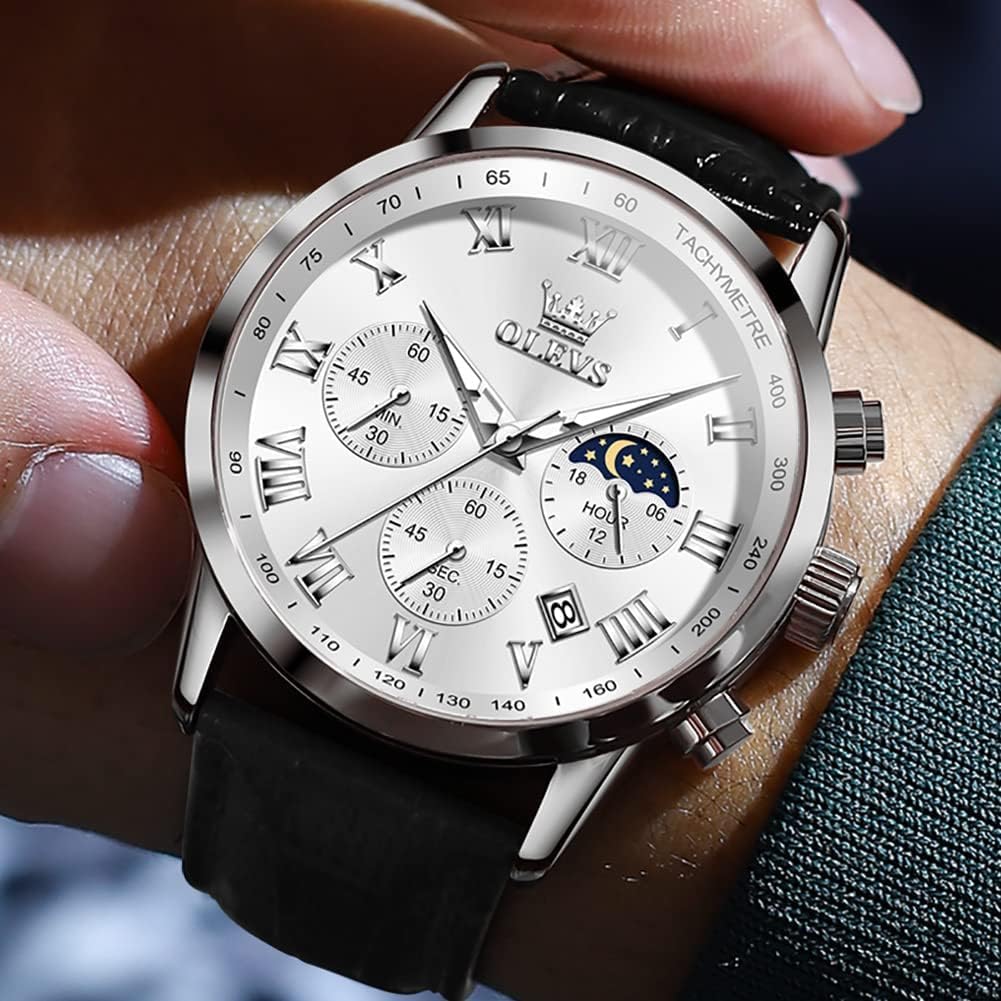 OLEVS Watch Leather Wristwatch Waterproof Watch Analog Stylish Simple Quartz Lightweight Brown Gentleman Date Day of the Week White Men's Men's