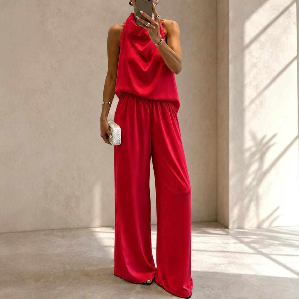 1116 summer new European and American fashion solid color vest and trousers two-piece suit casual women's clothing