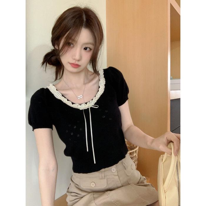 2024 Summer Lace Bow Knitted Short Sleeve T-Shirt - Women's Slim Fit Sweet Student Top