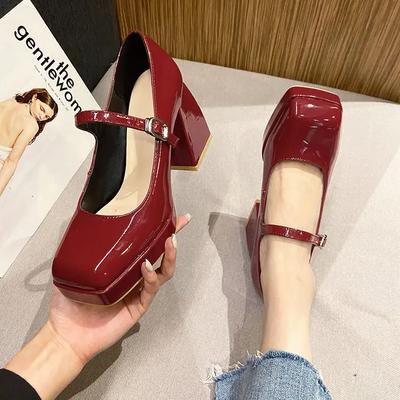 Plateau Pumps Damen 2024 Square Toe Thick Heels Mary Janes Damen Lack High Heels Party Schuhe Square Toe Square Heel