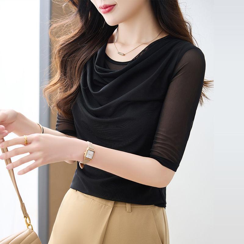 Summer Mesh Women T-shirt New 2025 Short-sleeved Stylish Solid Color Versatile Elegant Top