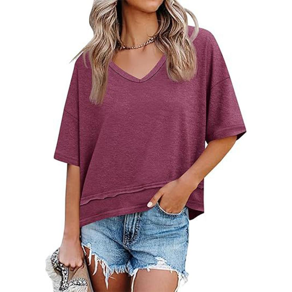 Damenmode Farbe V-Ausschnitt Mittellange Ärmel Saum-Patchwork Locker T-Shirt Top