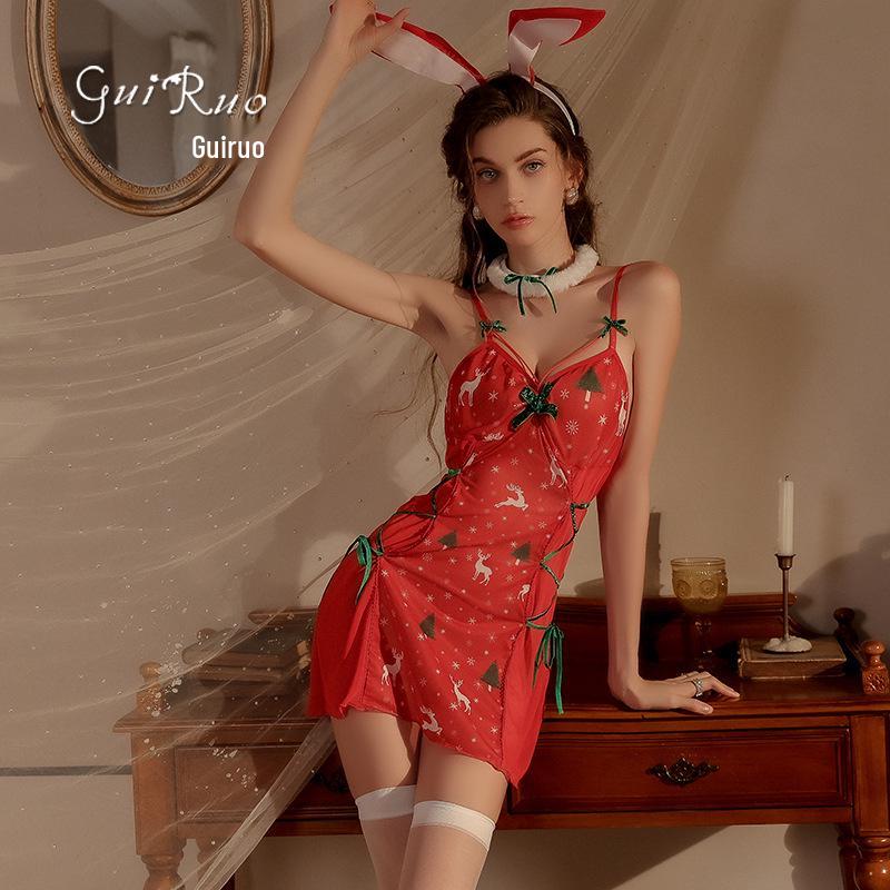 Übergröße Sexy Durchsichtiges Mesh Weihnachts-Dessous-Set mit Aufdruck - Rückenfreies Nachthemd