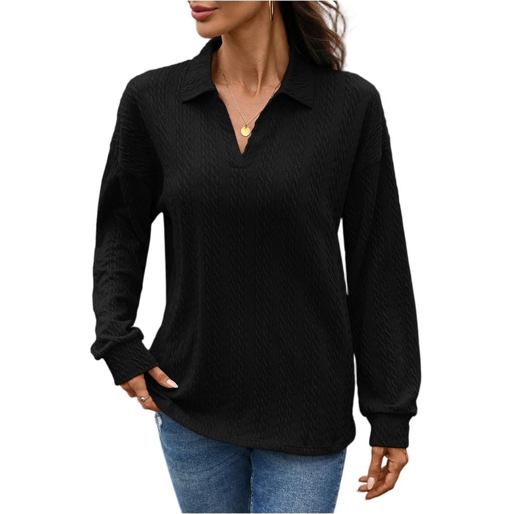 Damenmode Lässig Einfarbig Revers Locker Langarm T-Shirt Top