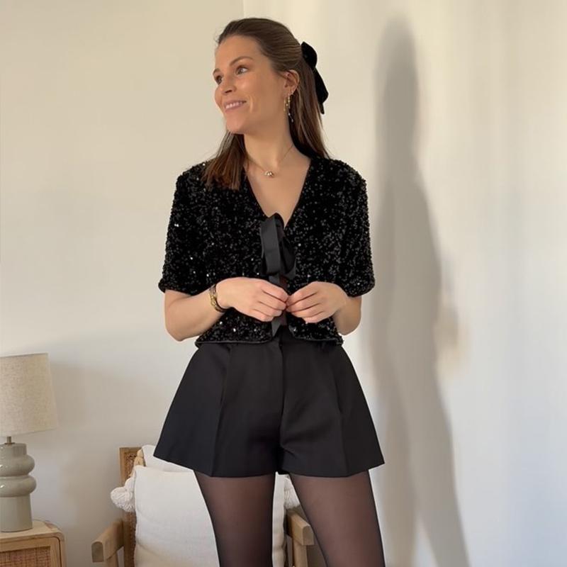 Bow Tie Lace Up Sequin Top Women's Short Sleeved V-neck Shirt Sweet Solid Color Blouses 2025 Spring and Summer Fashion