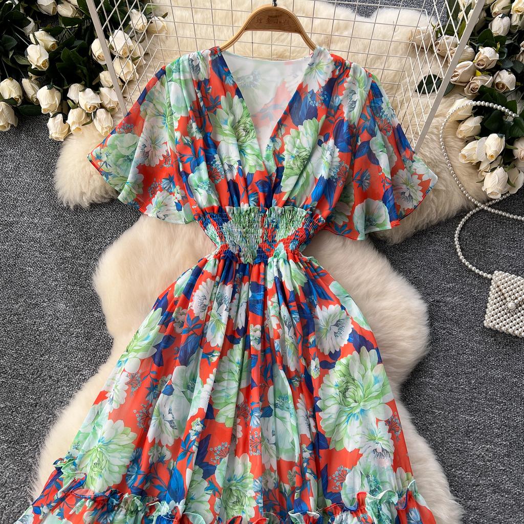 Retro V-Ausschnitt Schmetterlingsärmel Druck Chiffon Elegantes Sommerkleid A-Linie Schlagärmel Urlaubsdruck Damenkleider
