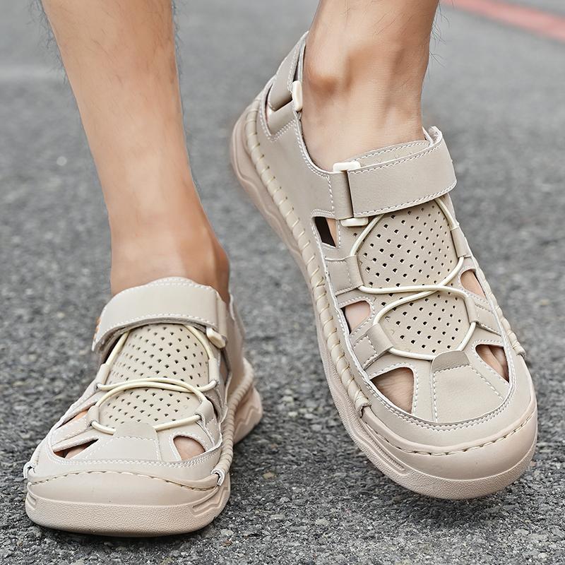 Summer Men's Leather Sandals Handmade Outdoor Ventilated Beach Slides Non-Slip Sole Casual Shoes