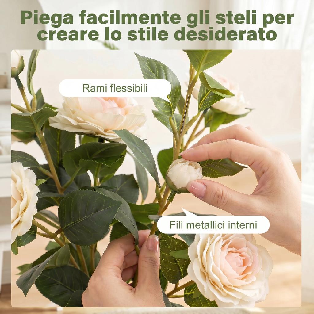 Faux Camellia Plant With Realistic Flowers 176 PEVA Leaves And Black PP Pot Filled With Cement White